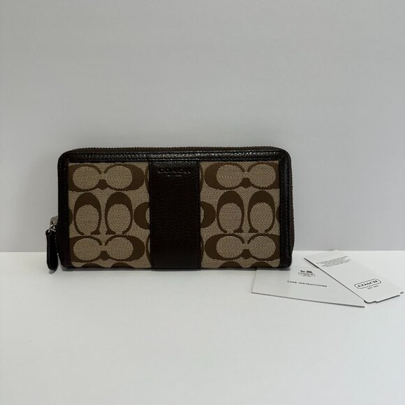 NWT _COACH Leather and Signature Coated Canvas Zip Around Wallet; Khaki/Mahogany - Picture 1 of 6
